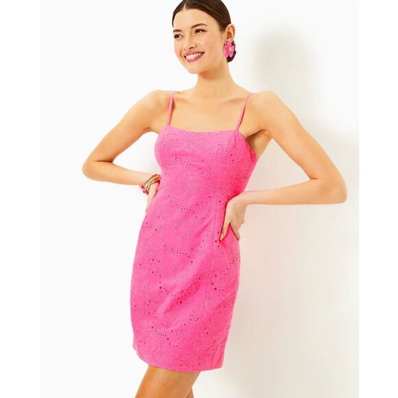 Lilly Pulitzer Women's Pink Shelli Eyelet A-Line Dress With Bow Back Sz 6 2875 - Picture 2 of 13